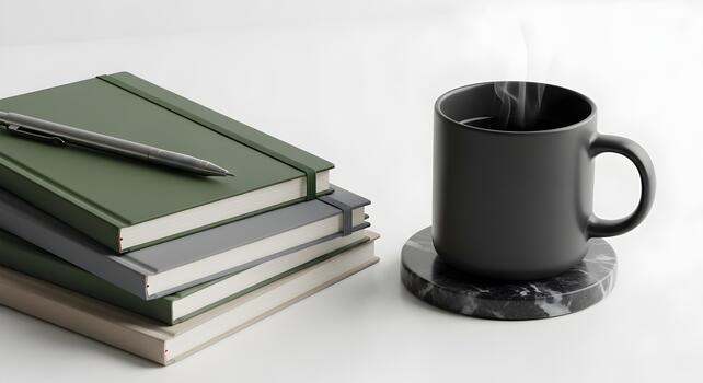Stack of notebooks and cup of coffee for business planning and studying concept photo