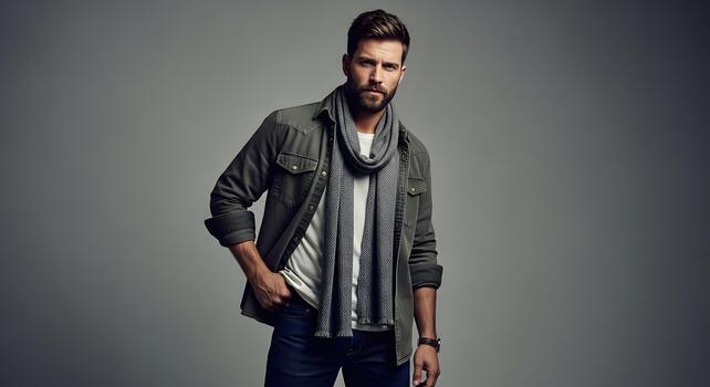 Stylish Man in Casual Outfit Posing Against Neutral Backdrop with Confidence and Charisma photo