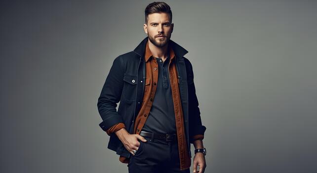 Stylish man in casual wear posing confidently on grey background studio shot photo