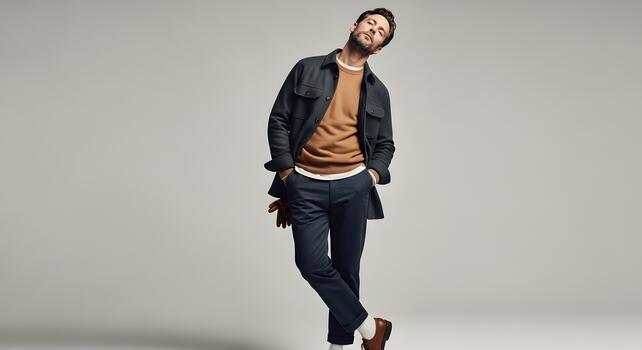 Stylish man posing confidently in studio with modern casual layered fashion ensemble photo