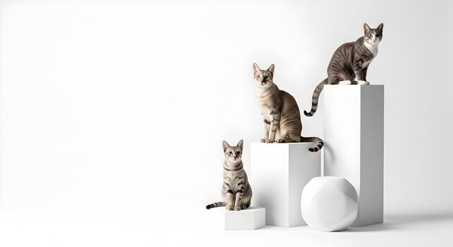 Three adorable cats of different ages sitting on white geometric platforms in a studio setting photo