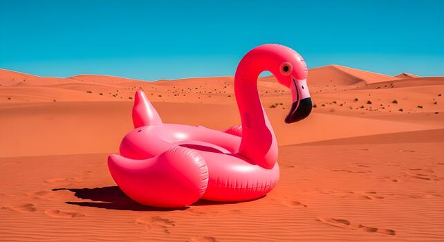 Unexpected Oasis Pink Flamingo Pool Float Amidst Arid Desert Landscape with Blue Sky photo