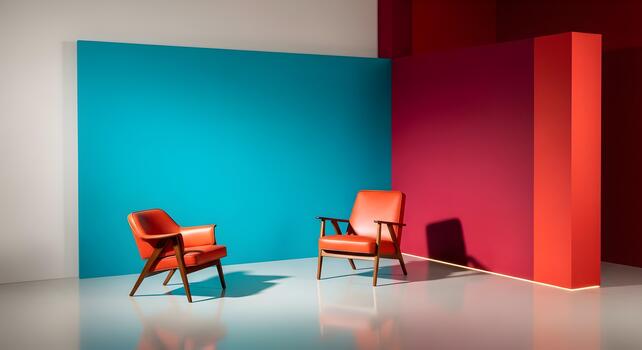 Vibrant Interior Design Featuring Two Modern Armchairs Against a Bold Color Block Backdrop Creating a Striking Visual Composition photo