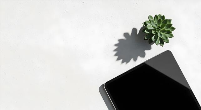Workspace Minimalism with Succulent Plant and Modern Tablet Technology on Clean White Background photo