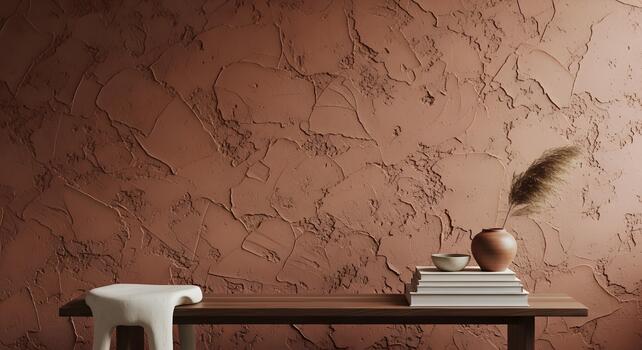 Warm textured wall with rustic decorative elements creating a cozy interior space photo