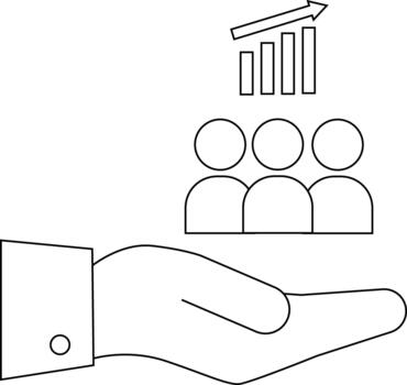 A hand supports 3 figures below a rising bar graph with an arrow vector