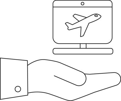 A hand holds a computer monitor displaying an airplane icon vector