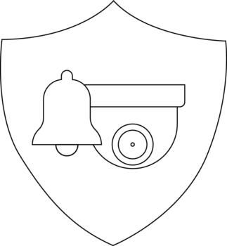An emblem features a bell and security camera inside a shield vector