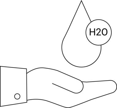 A simplified line drawing of a hand beneath a water droplet with H2O inside a circle vector