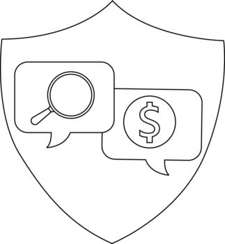 Shield with magnifying glass and dollar sign in speech bubbles vector