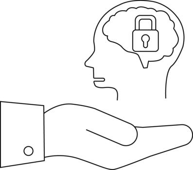 A hand supports a head outline containing a brain outline with a padlock inside vector