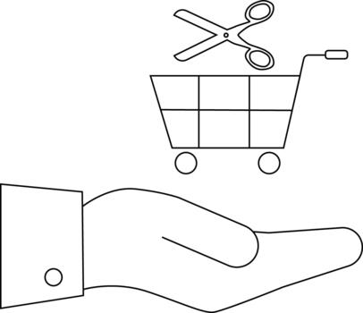 un línea Arte imagen muestra un mano secundario un compras carro con tijeras en parte superior vector