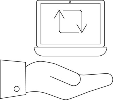 mano secundario un ordenador portátil mostrando un sincronizando símbolo prestados en un línea dibujo estilo vector