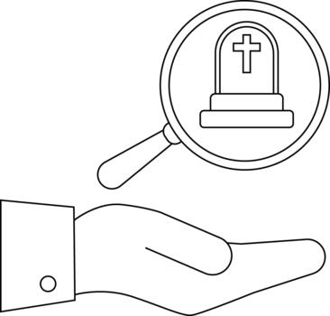 Magnified tombstone rests on a palm a buttoned suit sleeve in view vector