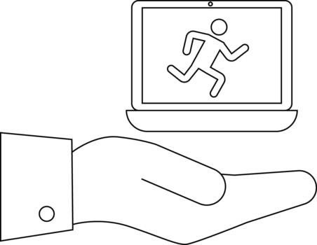 A hand holds a laptop displaying a running figure vector