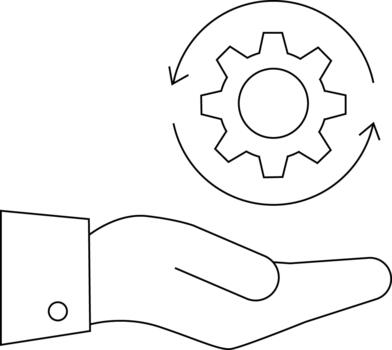 Hand with sleeve supports cog inside circling arrows all in outline vector