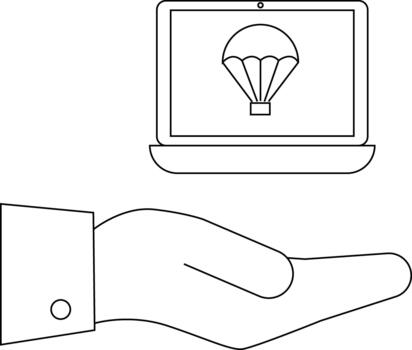 abierto palma secundario un ordenador portátil mostrando un paracaídas icono vector