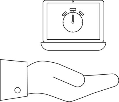 A laptop displays a stopwatch A hand below is outstretched in a gesture of presentation or support vector