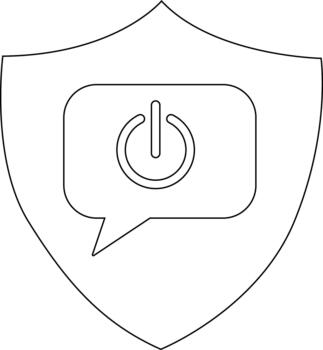 Outline of a shield containing a speech bubble with a power button icon vector