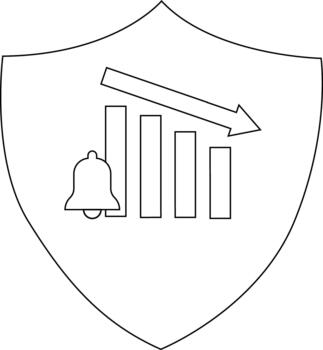A shield containing a bar graph with an arrow trending down and a bell to the left vector