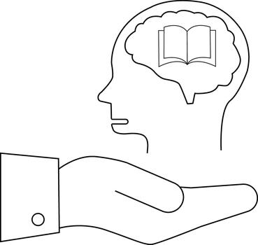 A head with a book in its brain is held in a hand Black white line art vector