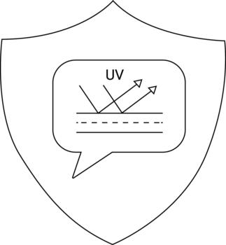 A shield with a speech bubble inside containing the letters UV and radiation diagram vector