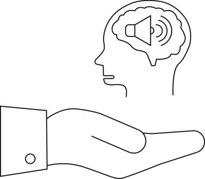 Outlined head with a speaker inside the brain resting on an outlined hand vector