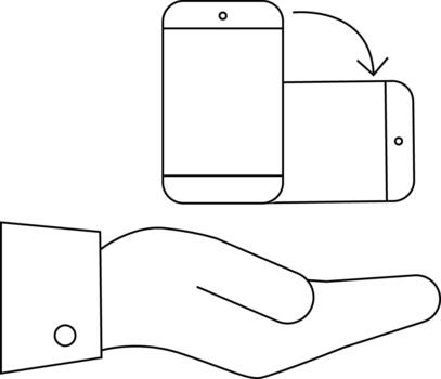 Hand holding a phone that is shown in portrait and landscape mode with an arrow showing rotation vector