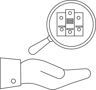 Outlined image of a hand presenting a magnifying glass revealing files vector