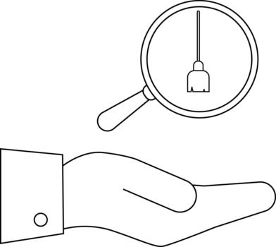 Magnifying glass over a broom above an open hand with a cufflink on the sleeve Simple line art vector