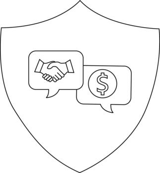 un proteger conteniendo un apretón de manos habla burbuja y un habla burbuja con un dólar firmar dentro vector