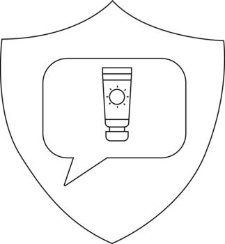 Shield features a talk bubble with a sunscreen tube illustration within vector