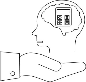 Line art of a hand offering a head with a calculator brain symbolic of math skills vector