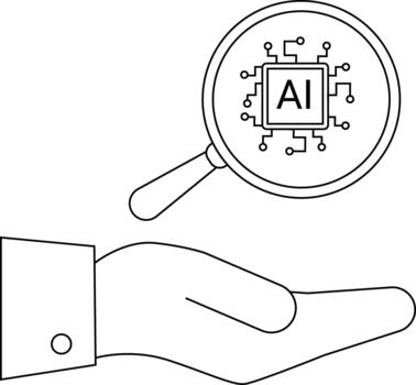un mano sostiene un aumentador vaso terminado un circuito tablero con ai a sus centrar vector