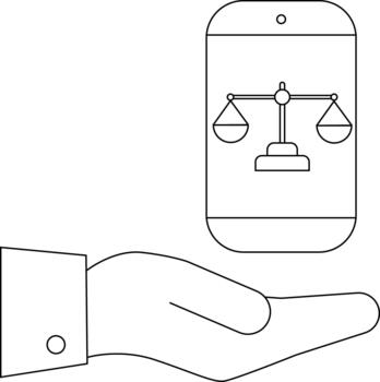 un mano sostiene un teléfono con un escala de justicia desplegado en sus pantalla vector