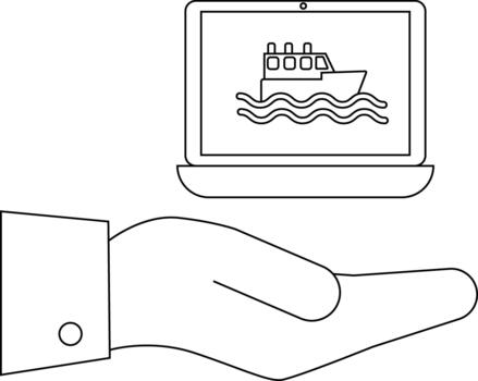 un ordenador portátil con un barco dibujo en pantalla descansa en un abierto mano en el imagen vector