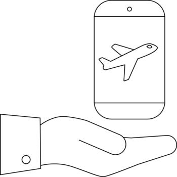 Hand holds phone displaying airplane icon Simple black outline vector