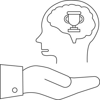 Line art A head in profile with a brain containing a trophy above a hand wearing a suit vector