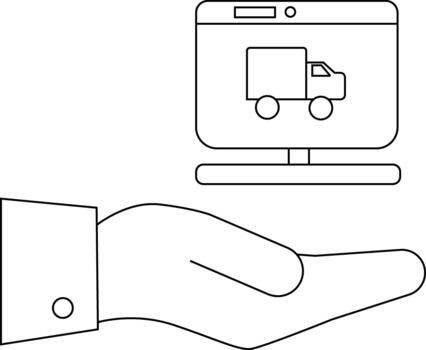 An open palm with a suit cuff below a computer monitor showing a delivery truck icon vector
