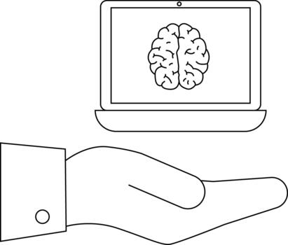 un mano sostiene un ordenador portátil mostrando un cerebro imagen vector