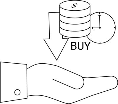 Line drawing money stack clock arrow BUY text and hand suggest financial transaction timing vector