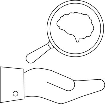 Outline image showing a hand holding a magnifying glass over a brain vector