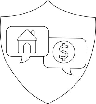A shield displays two speech bubbles one showing a house and the other a dollar sign vector