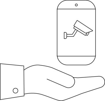 A hand holding a phone screen displaying a security camera icon vector