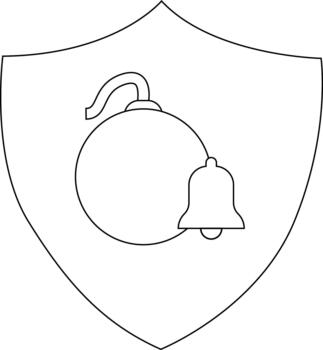 A shield emblem containing a bombshaped object suspending a bell vector