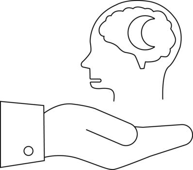 A hand supports a head with a brain containing a crescent moon symbol all rendered in a simplified outlined style vector