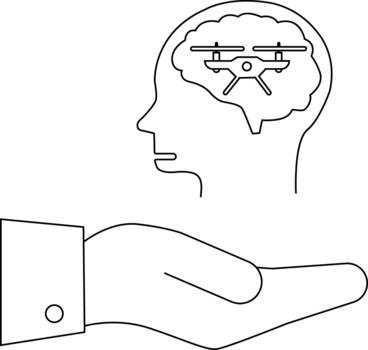 Line drawing of a head with a drone inside above a hand with a suit cuff representing tech ideas vector