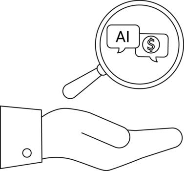 A hand holds a magnifying glass viewing speech bubbles with AI and a dollar sign vector