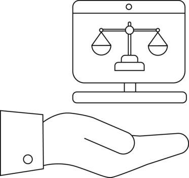 Hand holding a computer monitor displaying a balance scale symbolizing justice or legal services vector