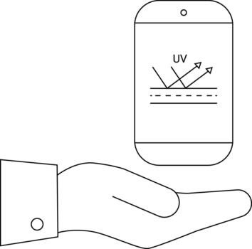 A hand holds a smartphone displaying a UV ray diagram with arrows indicating reflection vector